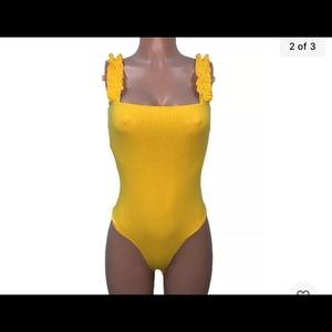 Golden Yellow Casual ruffle Ribbed Soft Stretchy Bodysuit Hippie Rave New Beach